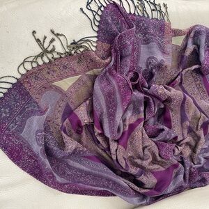 Wrap/scarf 80"x21" Tapestry in rich purple burgundy plum olive, 3" fringe.